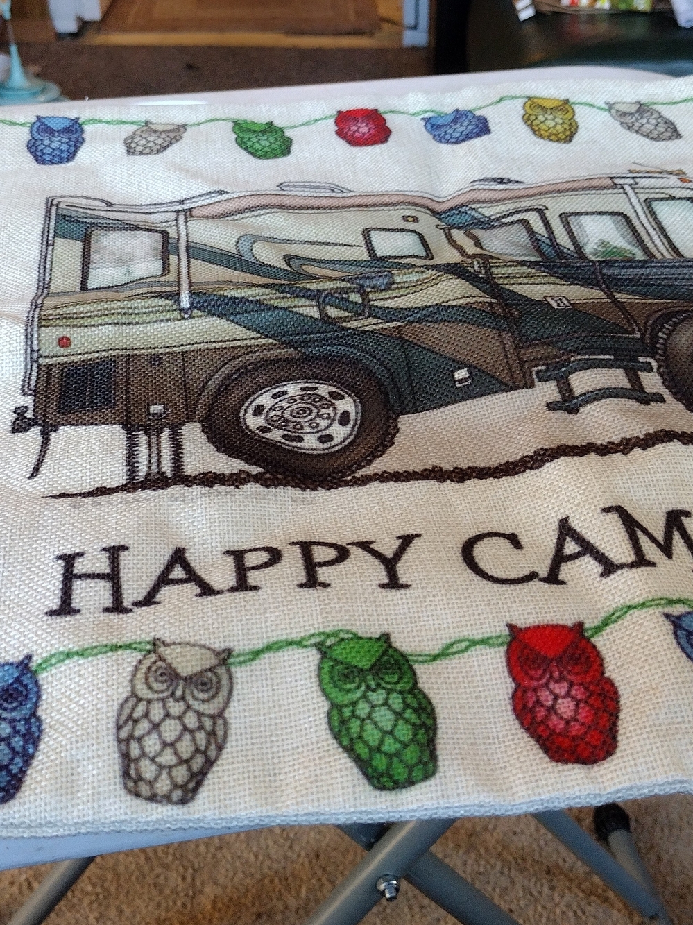 Happy Camper RV Decorative Pillow Cover in Cream with Multicolor Owls